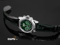 Patek philippe 百達翡麗 PP 5270P-014 鉑金材質 5270P Platium 萬年曆 月相顯示 計時功能 超複雜功能時計系列 <font color="#49ca41"> 漸層綠漆面盤 綠色縫線黑色皮錶帶 </font> <font color="#ff0000">2025年保單 新錶參考訂價:7,117,000元 </font> 手上鍊 41mm