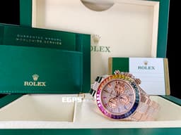 ROLEX 勞力士 Daytona 迪通拿 116505 18K永恆玫瑰金材質 計時碼表 <font color="#05f0f0">精鑲漸層彩紅色寶石錶圈、時標 精鑲鑽石於滿天星鑽石面盤、錶耳、護肩及錶鍊帶中排鑽</font> 自動上鍊 40mm