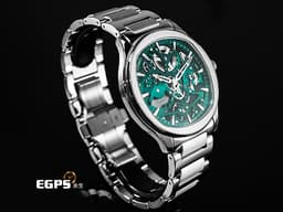 PIAGET 伯爵 Polo Skeleton系列 枕型 G0A47008 不鏽鋼材質 <font color="#4cc844">綠色鏤空面盤 微型自動盤超薄鏤空機芯</font><font color="#FF0000"> 2025年保卡 新式快拆帶系統 附原廠綠色皮革錶帶</font> 自動上鍊 42mm