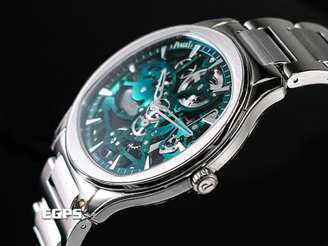 PIAGET 伯爵 Polo Skeleton系列 枕型 G0A47008 不鏽鋼材質 綠色鏤空面盤 微型自動盤超薄鏤空機芯 2025年保卡 新式快拆帶系統 附原廠綠色皮革錶帶 自動上鍊 42mm