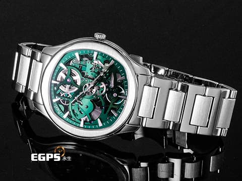 PIAGET 伯爵 Polo Skeleton系列 枕型 G0A47008 不鏽鋼材質 綠色鏤空面盤 微型自動盤超薄鏤空機芯 2025年保卡 新式快拆帶系統 附原廠綠色皮革錶帶 自動上鍊 42mm