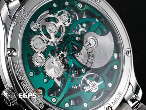 PIAGET 伯爵 Polo Skeleton系列 枕型 G0A47008 不鏽鋼材質 綠色鏤空面盤 微型自動盤超薄鏤空機芯 2025年保卡 新式快拆帶系統 附原廠綠色皮革錶帶 自動上鍊 42mm