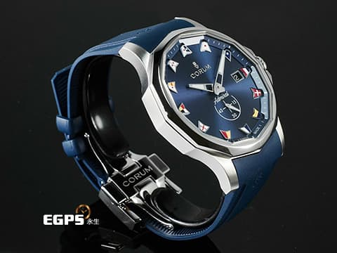 CORUM 崑崙 Admirals Cup Competition 42 海軍上將 395.110.20/F373 AB52 不鏽鋼材質 海軍藍色放射太陽紋面盤 2022年保卡 經典海事旗幟彩繪時標 自動上鍊 42mm