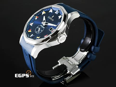 CORUM 崑崙 Admirals Cup Competition 42 海軍上將 395.110.20/F373 AB52 不鏽鋼材質 海軍藍色放射太陽紋面盤 2022年保卡 經典海事旗幟彩繪時標 自動上鍊 42mm