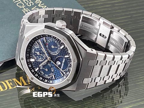 Audemars Piguet 愛彼 AP錶 Royal Oak Perpetual Calendar 皇家橡樹 不銹鋼材質 萬年曆 藍色面盤 月相盈虧 26574ST.OO.1220ST.02 2023年保卡 已貼膜 自動上鍊 41mm