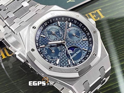 Audemars Piguet 愛彼 AP錶 Royal Oak Perpetual Calendar 皇家橡樹 不銹鋼材質 萬年曆 藍色面盤 月相盈虧 26574ST.OO.1220ST.02 2023年保卡 已貼膜 自動上鍊 41mm