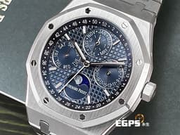 Audemars Piguet 愛彼 AP錶 Royal Oak Perpetual Calendar 皇家橡樹 不銹鋼材質 <font color="#0582f5">萬年曆 藍色面盤 月相盈虧</font> 26574ST.OO.1220ST.02 <font color="#ff0000">2023年保卡 已貼膜</font> 自動上鍊 41mm