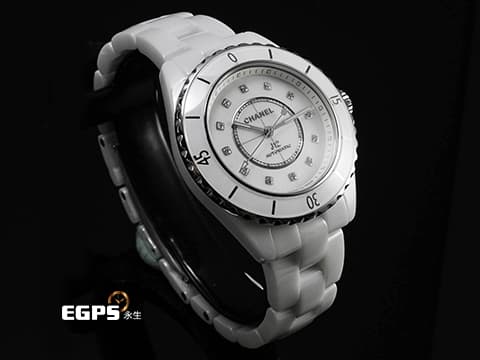 CHANEL 香奈兒 J12 H10472 白色高科技陶瓷材質 原廠鑽石時標 白色珍珠貝母面盤 貝殼鑽面 透背款2025年保卡 專利不鏽鋼蝴蝶扣 自動上鍊 33mm