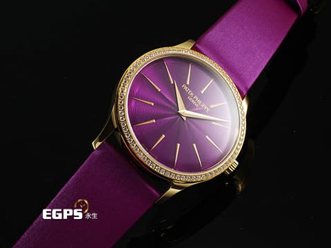 Patek philippe 百達翡麗 PP錶 Ladies Calatrava Joaillerie 系列 4997/200R-001 原廠鑲嵌76顆頂級天然美鑽 紫色漆面同心波紋雕飾面盤 4997 玫瑰金材質 超薄 微型自動盤 2025年保單 自動上鍊 35mm