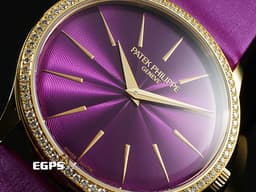 Patek philippe 百達翡麗 PP錶 Ladies Calatrava Joaillerie 系列 4997/200R-001 <font color="#ba36a2">原廠鑲嵌76顆頂級天然美鑽 紫色漆面同心波紋雕飾面盤</font> 4997 玫瑰金材質 超薄 微型自動盤 <font color="#ff0000">2025年保單</font> 自動上鍊 35mm