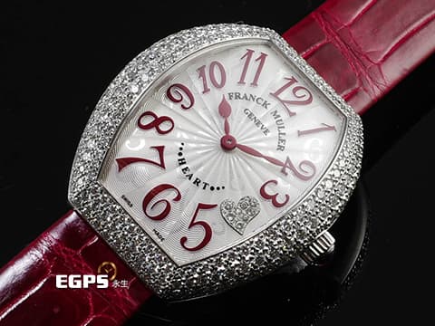 Franck Muller 法蘭穆勒 HEART 5002 MQ ZD C4 CD 18K白金材質 原廠鑲嵌鑽石錶殼 紅色羅馬數字時標及4點鐘心型鑲鑽時標 新錶訂價:1,305,000元 石英機芯 34.5x39.8mm