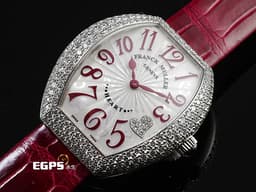 Franck Muller 法蘭穆勒 HEART 5002 MQ ZD C4 CD 18K白金材質 <font color="#05f0f0">原廠鑲嵌鑽石錶殼</font> <font color="#f4c3e2">紅色羅馬數字時標及4點鐘心型鑲鑽時標</font> <font color="#ff0000">新錶訂價:1,305,000元</font> 石英機芯 34.5x39.8mm