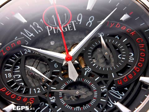 PIAGET 伯爵 Polo Forty Five 飛返計時 第二時區功能 鈦金屬一體成型的錶殼  黑色和紅色鏤空錶盤 經典POLO工藝之美  計時碼表 G0A35001   全球限量500只 自動上鏈  45mm