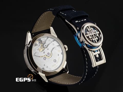 Patek philippe 百達翡麗 Calatrava Annual Calendar Travel Time 複雜功能時計 5328G-001 18K白金材質 藍色不規則紋理面盤 192小時動力儲存顯示 巴黎釘紋飾錶殼 2026年保單 手動上鍊 41 mm