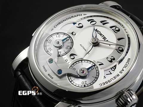 MONTBLANC 萬寶龍 Nicolas Rieussec Chronograph 7138 明星傳承系列 106595 尼可拉斯 三日鍊 單按把 計時碼表 兩地時間 灰色偏心面盤 不鏽鋼材質 自動上鍊 43mm
