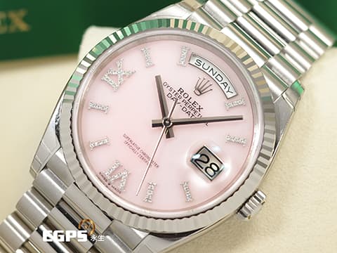 ROLEX 勞力士 Day-Date 36 蠔式 星期日曆型 128239 原廠鑲嵌56顆鑽石時標 粉紅色蛋白石面盤 18K白金材質 DD36 經典三角坑紋錶圈 2020年新式保卡 原廠膠膜未撕 自動上鏈 36mm
