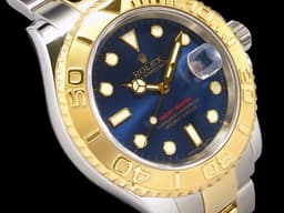 ROLEX 勞力士 Yacht-Master 16623 遊艇名仕 18K黃金材質 半金款 夜光賓士指針 雙向旋轉錶框 <font color="#0582f5">少見藍色面盤</font> 自動上鏈 40mm