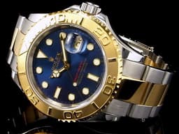 ROLEX 勞力士 Yacht-Master 16623 遊艇名仕 18K黃金材質 半金款 夜光賓士指針 雙向旋轉錶框 <font color="#0582f5">少見藍色面盤</font> 自動上鏈 40mm