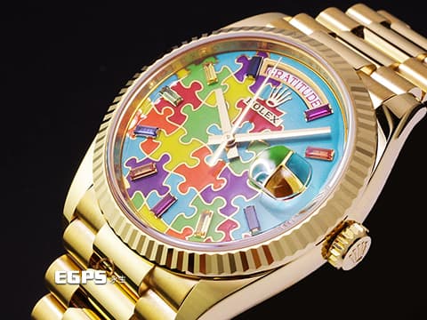 ROLEX 勞力士 Day-Date 36 蠔式 星期日曆型 128238 DD36 18K黃金材質 稀有款 Puzzle Dial Tiffany 綠松石色拼圖面盤 每天都是不同圖案的日期窗 彩虹色寶石時標 2026年保卡 元首型(President)錶帶 總統帶 自動上鍊 36mm
