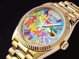 ROLEX 勞力士 Day-Date 36 蠔式 星期日曆型 128238 DD36 18K黃金材質 <font color="#05f0f0">稀有款 Puzzle Dial Tiffany 綠松石色拼圖面盤 每天都是不同圖案的日期窗</font> <font color="#fa00fa">彩虹色寶石時標</font> <font color="#FF0000">2026年保卡 元首型(President)錶帶 總統帶</font> 自動上鍊 36mm