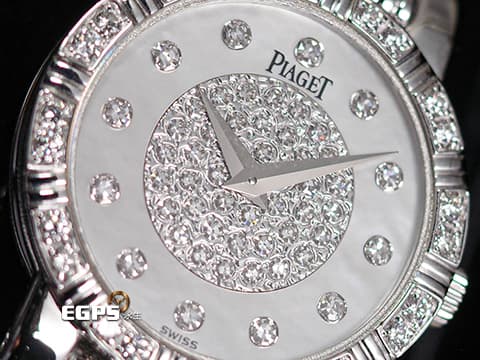 PIAGET 伯爵 Dancer 舞者系列 80564 K81 原鑲鑽圈、鑽石時標、半天星珍珠貝母面盤 18K白金材質 石英腕錶 23mm