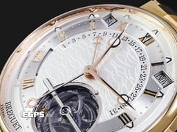 BREGUET 寶璣 Marine Tourbillon Equation Marchante 5887BR/12/9WV 18K玫瑰金材質 <font color="#05f0f0">鈦金屬框架</font><font color="#05f0f0">陀飛輪 萬年曆、時間等式、動力儲存顯示功能 手工雕刻圖案錶背</font> <font color="#FF0000">2025年保單 官方新錶訂價:8,123,000元</font> 自動上鍊 43.9mm