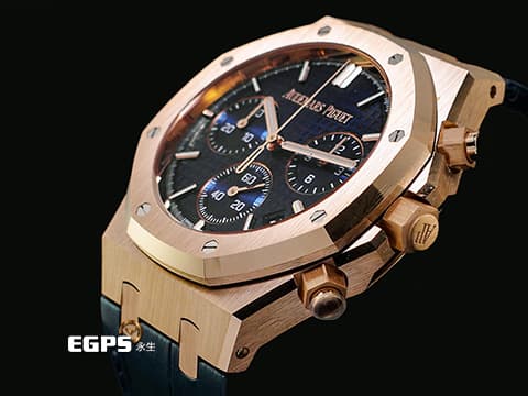 Audemars Piguet 愛彼 AP錶 Royal Oak Chronograph 皇家橡樹 18K玫瑰金材質 26240OR.OO.D315CR.02 夜雲藍色「Grande Tapisserie」格紋面盤 飛返 計時碼表 2026年保卡 自動上鍊 41mm