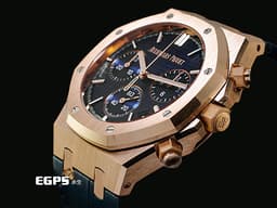 Audemars Piguet 愛彼 AP錶 Royal Oak Chronograph 皇家橡樹 <font color="#f2d8ab">18K玫瑰金材質</font> 26240OR.OO.D315CR.02 <font color="#0582f5">夜雲藍色「Grande Tapisserie」格紋面盤</font> 飛返 計時碼表 <font color="#FF0000">2026年保卡</font> 自動上鍊 41mm