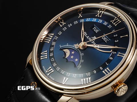 BLANCPAIN 寶鉑 Villeret 6654-3640-55B 18K玫瑰金材質 透明琺瑯漆藍色放射紋飾面盤 全日曆 經典寶珀笑臉月相顯示 2024年保卡 自動上鍊 40mm