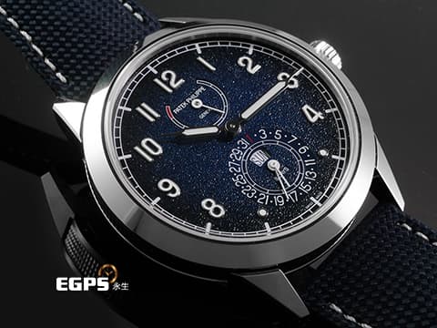 Patek philippe 百達翡麗 Calatrava Annual Calendar Travel Time 複雜功能時計 5328G-001 18K白金材質 藍色不規則紋理面盤 192小時動力儲存顯示 巴黎釘紋飾錶殼 2026年保單 手動上鍊 41 mm