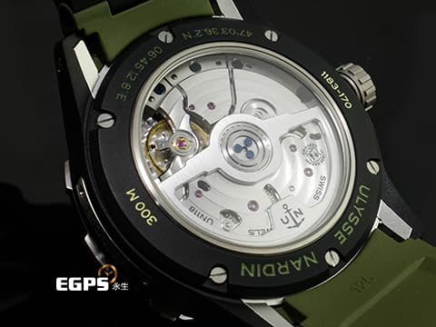 Ulysse Nardin 雅典 Diver NET 1183-170-8A 不鏽鋼材質 碳纖維材質錶圈 卡其色紋路面盤 淺水錶 動力儲存顯示 2025年保卡 自動上鍊 44mm