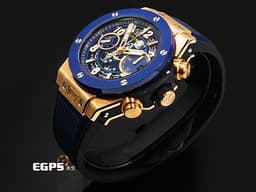 HUBLOT 宇舶 Big Bang 大爆炸 Unico King 441.OL.5181.RX <font color="#f4c662">宇舶獨特材質 王金</font> <font color="#0582f5">藍色陶瓷錶圈 藍色鏤空面盤</font> <font color="#ff0000">2026年電子保單</font> 自動上鍊 42mm