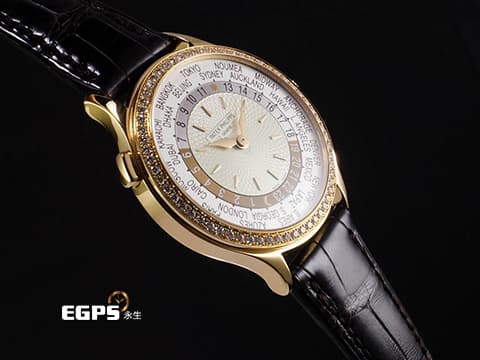 Patek philippe 百達翡麗 PP錶 Complications 複雜功能時計 World Time 世界時區 7130R-013 18K玫瑰金材質 原廠鑲嵌89顆鑽石(1.09 克拉)錶圈、錶扣 銀白色手工雕紋面盤 2022年保單 錶友蒐藏未使用品 新錶訂價:2,038,000元 自動上鍊 36mm
