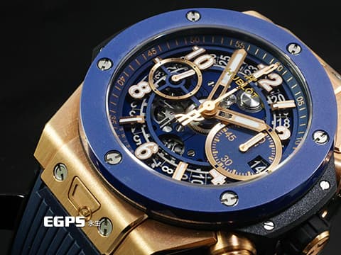 HUBLOT 宇舶 Big Bang 大爆炸 Unico King 441.OL.5181.RX 宇舶獨特材質 王金 藍色陶瓷錶圈 藍色鏤空面盤 2026年電子保單 自動上鍊 42mm