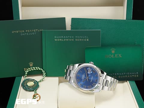 ROLEX 勞力士 Datejust 41 蠔式日誌型 126334 天藍色面盤 經典羅馬數字時標 不鏽鋼 經典 DJ41 經典三角坑紋錶圈 2026年保卡 蠔式(Oyster)三節錶帶 自動上鍊 41mm