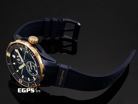Ulysse Nardin 雅典 Diver 1185-170/BLUE 18K玫瑰金&藍色PVD鈦金屬材質 深藍色磨砂面盤 淺水錶 2025年保卡 自動上鍊 44mm