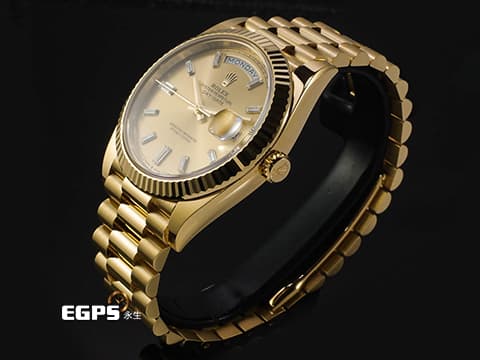 ROLEX 勞力士 DAY-DATE 40 蠔式星期日誌型 DD 228238 18K黃金材質 香檳金色面盤 原廠鑲嵌方形切割鑽石時標 黃冰糖 2020年保卡 台灣公司貨 錶友蒐藏未使用品 自動上鍊 40mm