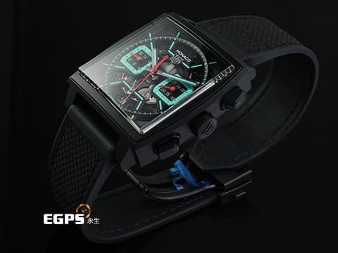 Tag Heuer 泰格 豪雅 Monaco Chronograph 摩納哥 CBL2184.FT6236 計時碼錶 黑色DLC塗層鈦金屬材質 Tiffany 綠松石色夜光計時錶盤 鏤空面盤 2026年保卡 賽車錶 自動上鍊 39mm
