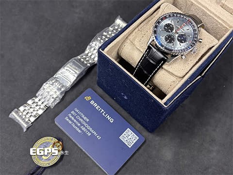 BREITLING 百年靈 Navitimer B01 Chronograph 43 航空計時 AB0138 冰藍色面盤 計時碼表 不鏽鋼 自製機芯 2026年保卡 另附加購原廠鏈帶 飛行錶 自動上鍊 43mm