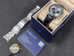 BREITLING 百年靈 Navitimer B01 Chronograph 43 航空計時 AB0138 <font color="#33CCFF">冰藍色面盤</font> 計時碼表 不鏽鋼 <font color="#FF0000">自製機芯 2026年保卡 另附加購原廠鏈帶</font> 飛行錶 自動上鍊 43mm