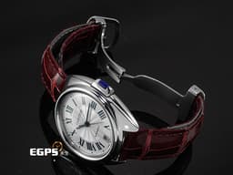 CARTIER 卡地亞 CLE DE CARTIER 鑰匙形錶冠 WSCL0017 <font color="#05f0f0">銀色透明琺瑯雕紋錶盤</font> <font color="#FF0000">2021年保卡</font> 酒紅色皮帶款 自動上鍊 35mm