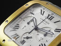 CARTIER 卡地亞 Santos 100 de Cartier 山度士 W2SA0008 大型款 18K黃金材質 半金款 <font color="#70cce1">「SmartLink」快拆式錶帶 磨砂鍍銀錶盤 計時功能</font> <font color="#ff0000">2025年保卡 </font> 自動上鍊 44.9mm