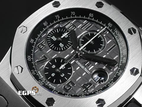 Audemars Piguet AP錶 愛彼錶 Royal Oak Offshore 皇家橡樹離岸型 26470ST.OO.A104CR.01 不鏽鋼材質 啞灰色Méga Tapisserie超大型格紋裝飾面盤 羅馬數字時標 自動上鏈 42mm