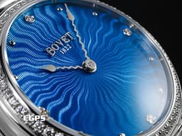 BOVET 播威 Miss Audrey AS36061SD12 不鏽鋼材質 <font color="#05f0f0">原廠鑲嵌103顆鑽石錶圈、錶耳 藍色電光藍機刻紋面盤 </font> <font color="#ff0000">附原廠項鍊 可作為腕錶佩戴、或作為項鍊佩戴 2025年保單 新錶訂價:1,050,000元</font> 自動上鍊 36.2mm