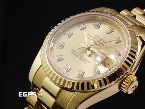 ROLEX 勞力士 蠔式 DATEJUST 179178 18K黃金材質 原廠鑲嵌鑽石時標 香檳金色面盤 自動上鏈 26 mm