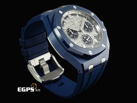 Audemars Piguet AP錶 愛彼 Royal Oak Offshore 皇家橡樹離岸型 飛返計時碼錶 26420CD.OO.A029VE.01 深藍色「雲夜藍50」陶瓷材質 米色「Méga Tapisserie」超大型格紋裝飾錶面 2026年保卡 兩款風格橡膠錶帶 新式快拆功能 僅試戴近新品 自動上鏈 43mm