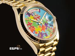 ROLEX 勞力士 Day-Date 36 蠔式 星期日曆型 128238 DD36 18K黃金材質 <font color="#05f0f0">稀有款 Puzzle Dial Tiffany 綠松石色拼圖面盤 每天都是不同圖案的日期窗</font> <font color="#fa00fa">彩虹色寶石時標</font> <font color="#FF0000">2026年保卡 元首型(President)錶帶 總統帶</font> 自動上鍊 36mm