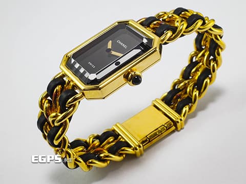 CHANEL 香奈兒 PREMIÈRE 18K黃金塗層不鏽鋼材質 鑲嵌凸圓形縞瑪瑙錶冠 S尺寸錶鍊 <12.8 - 14cm> 石英機芯 26.1x20mm