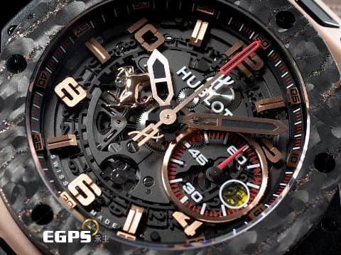 HUBLOT 宇舶 Big Bang Unico Ferrari 大爆炸 法拉利 Carbon King Gold 王金材質 複合材質鍛造碳錶圈 401.OJ.0123.VR 飛返 計時碼表 鏤空面盤、法拉利輪框設計自動盤、限量500只 計時碼表 自動上鍊 45mm