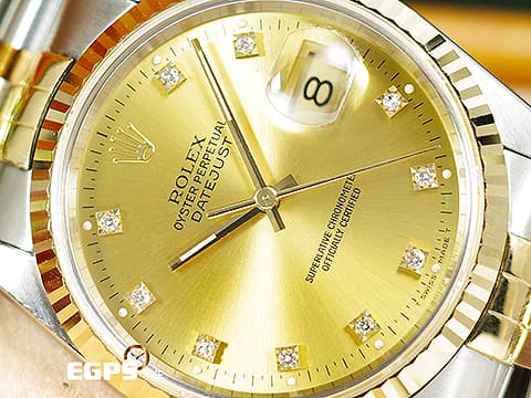 ROLEX 勞力士 DATEJUST 16233 經典蠔式日誌型 不鏽鋼&18K黃金材質 半金款 鑲嵌鑽石時標 香檳金色面盤 自動上鍊 36mm